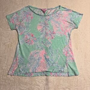 Lilly Pulitzer Women Boxy Shirt Blouse Medium Linen Seashell Coral Jellyfish